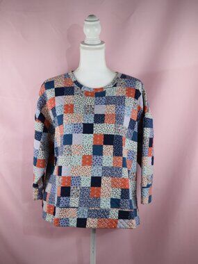 Lands' End Patchwork Quilted 3/4 Sleeve Crewneck Top | Size XL Petite